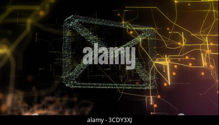 Floating greenish-blue envelope icon hovering in data grid, golden circuit lines and glowing nodes. Technology, digital, innovation, network, futurist Stock Photo