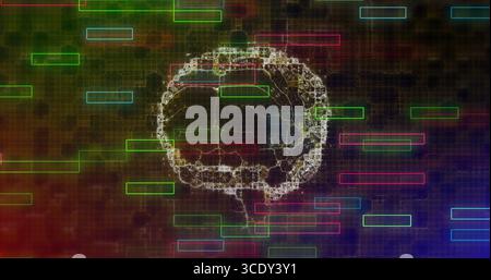 Displaying fractal brain network glowing in grid matrix space, with neon red green blue overlays. Neural, technology, futuristic, abstract, data, inno Stock Photo