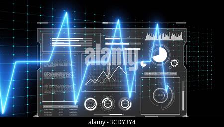 Displaying neon-blue waveform on dashboard with data charts, gauge dials, gear icon and timestamps. Futuristic, digital, visualization, high-tech, int Stock Photo