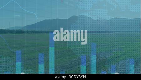 Displaying translucent bar chart clusters rising over green field, with grid overlay and line graph. Data visualization, rural technology, agricultura Stock Photo
