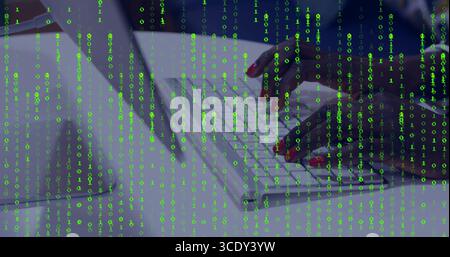 Typing female hands entering code on white keyboard at office workspace, with binary code. Technology, coding, programming, digital, workspace, modern Stock Photo