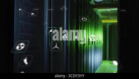 Glowing LED-lit server racks illuminating server room aisle on raised floor, with floating icons. Technology, data, cybersecurity, futuristic, digital Stock Photo