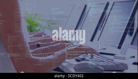 Typing programmer hands pressing keys on keyboards at office row, with monitors, code and plant. Technology, software, coding, collaboration, modern, Stock Photo