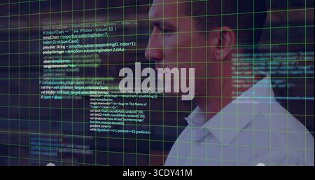 Man in white shirt gazing at code overlay and green grid in high-tech lab, copy space. Technology, software, innovation, futurism, digital, data, inte Stock Photo