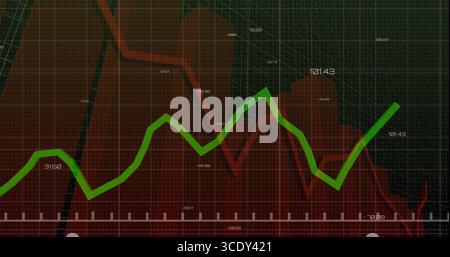 Displaying green fluctuating data line moving across dashboard grid overlay, with red area graph. Financial, analytics, dashboard, data, technology, i Stock Photo