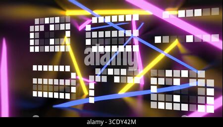 Pink blue yellow neon beams intersecting in abstract digital space, with white square tiles. Neon, digital, geometric, futuristic, vibrant, abstract, Stock Photo