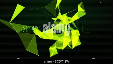Showing yellow-green polygons connected by lines on data screen, with neon-green STOCK MARKET  text. Abstract, data visualization, digital art, futuri Stock Photo