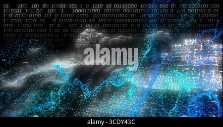 Streaming waveform forming binary digits and data particles across digital grid, with code streams. Futuristic, cyber, technological, abstract, digita Stock Photo
