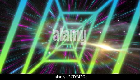 Forming glowing neon frame tunnel in cosmic hyperspace, with radial streaks, star points and flare. Futuristic, digital, vibrant, abstract, cinematic, Stock Photo