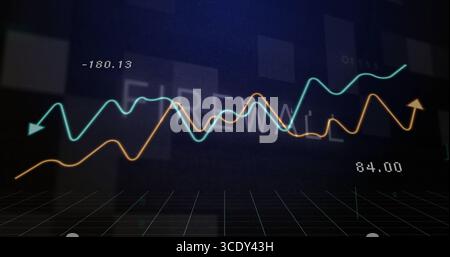 Displaying two colored line graphs undulating on 3D grid floor, with FOREX numeric labels. Financial, analytics, data, technology, investment, digital Stock Photo