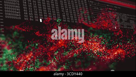 Displaying red and green particle wave formation on digital screen, with hex and binary code lines. Technology, data analysis, cybersecurity, visualiz Stock Photo