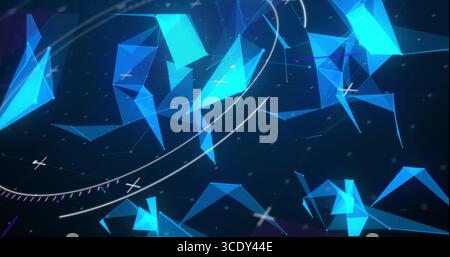 Floating blue polygons connecting with white curved lines and glowing crosses, in digital network. Futuristic, technology, abstract, data, digital, ne Stock Photo