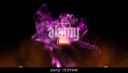 Glowing hourglass icon hovering inside swirling particle cloud in dark void, with glowing specks. Futuristic, abstract, cosmic, digital art, neon, spa Stock Photo