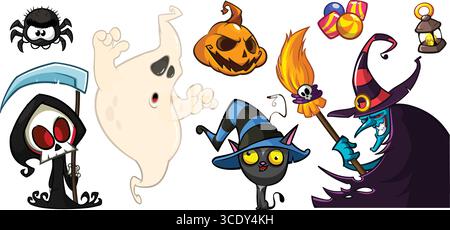 Cartoon set of Halloween characters design. Vector illustration of vampire zombie grim reaper witch monster and gost Stock Vector
