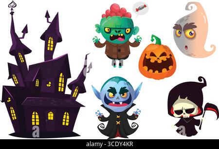 Cartoon set of Halloween characters design. Vector illustration of vampire zombie grim reaper witch monster and gost Stock Vector