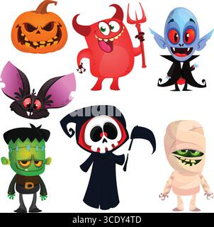 Cartoon set of Halloween characters design. Vector illustration of vampire zombie grim reaper witch monster and gost Stock Vector