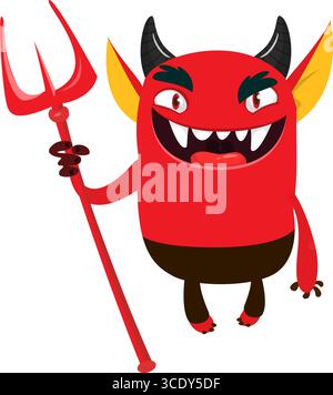 Cartoon funny red devil character design holding fork trident with long tail. Halloween vector illustration isolated Stock Vector