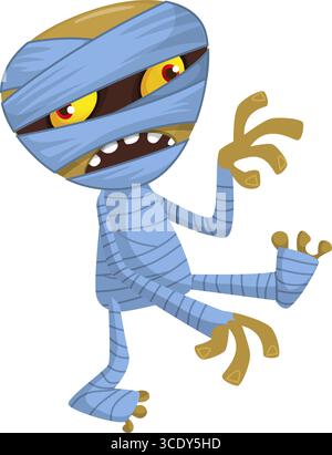 Cartoon funny walking mummy character design. Vector illustration of monster wrapped in strips of linen for Halloween party theamed decoration isolate Stock Vector