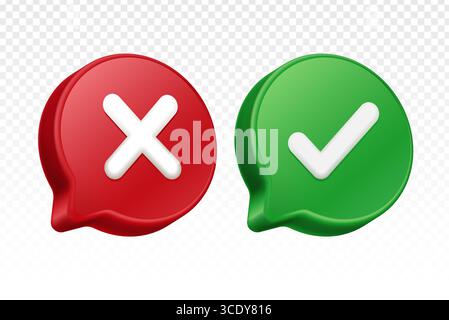 3D icons of approval and rejection signs in speech bubbles. Stock Vector