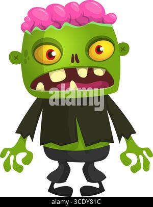Cartoon funny green zombie. Halloween vector illustration of zombie creature. Stock Vector