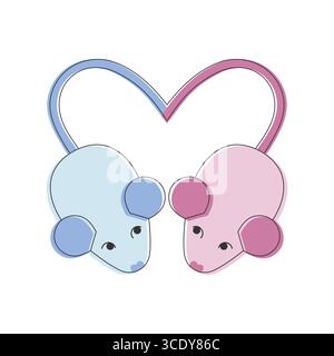 Toy mice in love. Two cute toy mice form a heart with their tails. Vector illustration. Stock Vector