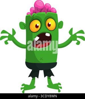 Cartoon funny green zombie. Halloween vector illustration of zombie creature. Stock Vector
