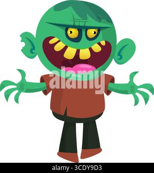 Cartoon funny green zombie. Halloween vector illustration of zombie creature. Stock Vector