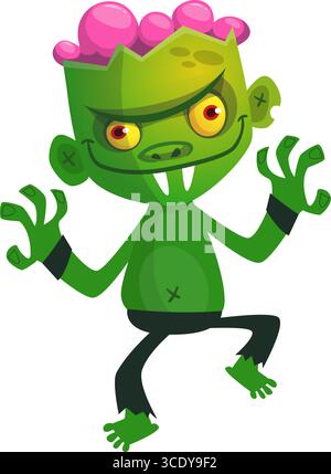 Cartoon funny green zombie. Halloween vector illustration of zombie creature. Stock Vector
