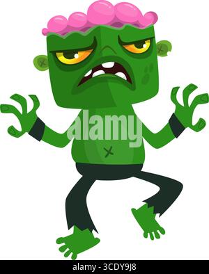 Cartoon funny green zombie. Halloween vector illustration of zombie creature. Stock Vector