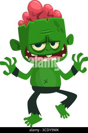 Cartoon funny green zombie. Halloween vector illustration of zombie creature. Stock Vector