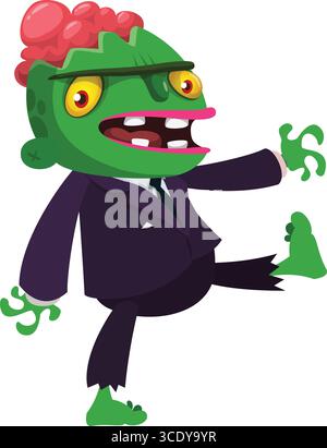 Cartoon funny green zombie. Halloween vector illustration of zombie creature. Stock Vector