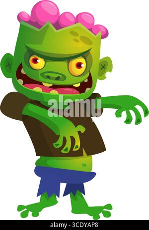 Cartoon funny green zombie. Halloween vector illustration of zombie creature. Stock Vector