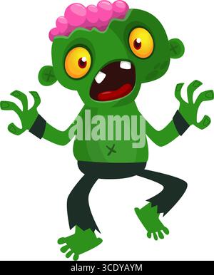 Cartoon funny green zombie. Halloween vector illustration of zombie creature. Stock Vector