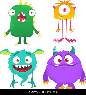 Funny cartoon monsters with different face expressions. Set of cartoon vector happy monsters characters. Halloween design for party decoration,  packa Stock Vector