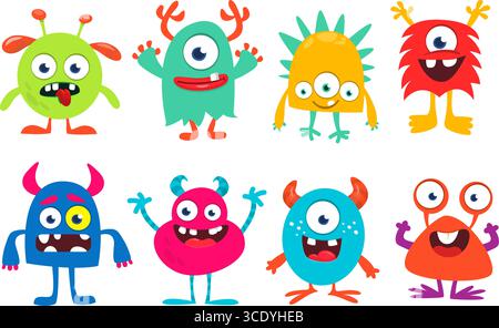 Funny cartoon monsters with different face expressions. Set of cartoon vector happy monsters characters. Halloween design for party decoration,  packa Stock Vector