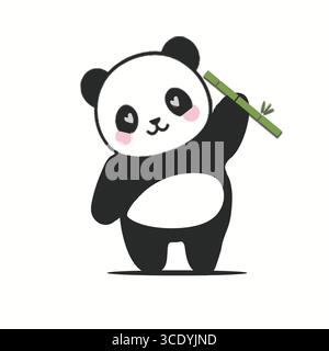 Cute Panda bear eating bamboo. Panda animal Icon illustration vector. Stock Vector