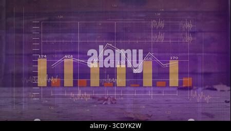 Displaying data visualization on plank surface, with six yellow bars, red segments, white line plot. Analytics, dashboards, infographic, statistics, d Stock Photo