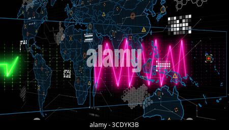 Displaying neon pink waveform pulsing across world map with green waveform, hexagon clusters. Futuristic, technology, data visualization, digital inte Stock Photo