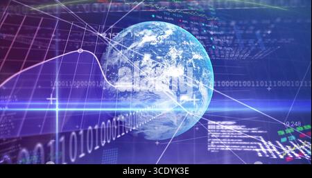 Rotating stylized Earth globe hovering at digital interface, with binary code, line graph overlays. Futuristic, digital, global, technology, analytics Stock Photo