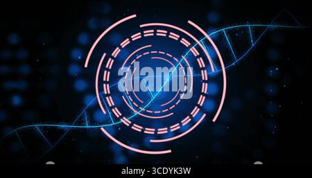 Projecting blue DNA helix crossing pink data rings in virtual interface, with glowing particles. Futuristic, technology, data visualization, science, Stock Photo