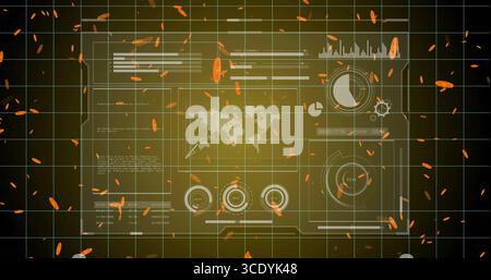 Displaying control panel streaming world map, charts over dark grid with floating orange particles. Futuristic, data visualization, interface, technol Stock Photo