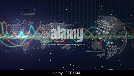 Displaying dotted world map moving across dark blue grid, with colorful waves and code snippets. Technology, data, digital, network, futuristic, conne Stock Photo