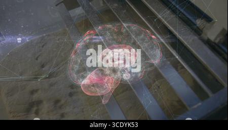 Floating holographic brain projection showing digital network on stone step, beside metal railing. Futuristic, technology, innovation, cyber, immersiv Stock Photo