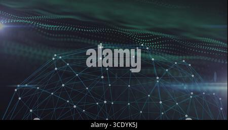 Showing cobalt-green semi-spherical mesh grid forming dome in digital interface, with glowing nodes. Futuristic, technology, digital, network, innovat Stock Photo