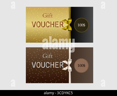 Two stylish gift voucher designs featuring decorative ribbons and monetary values, with gold and brown themes. Perfect for businesses seeking professi Stock Vector