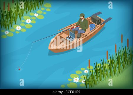 Isometric fisherman in a boat fishing on the lake, surrounded by reeds and water lilies. Summer leisure concept. Depicting a serene outdoor hobby. Stock Vector