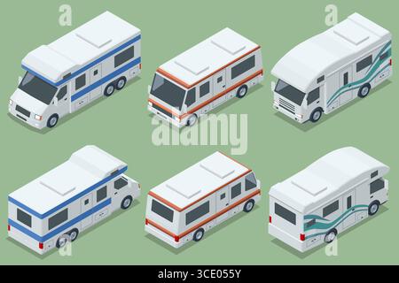 An isometric set of different camper trailers and caravans, ideal for a variety of summer vacations and road trip adventures. Stock Vector