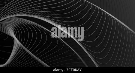 Gray curved lines create a dynamic swirling pattern on a black, forming an abstract background. Stock Vector