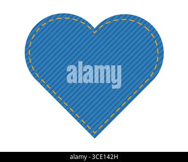 Patch denim heart shape with stitches seam jeans fashion illustration. Flat apparel blue color template isolated on white background Stock Vector