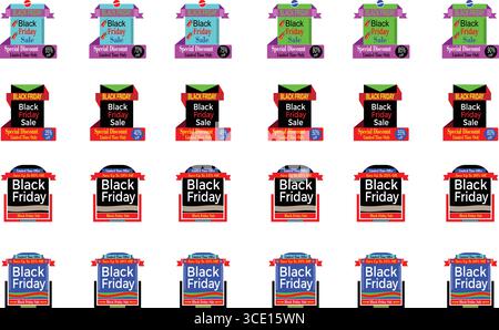 Black Friday sale label and banner collection with bold discount typography and colorful design variations for seasonal e-commerce marketing campaigns Stock Vector